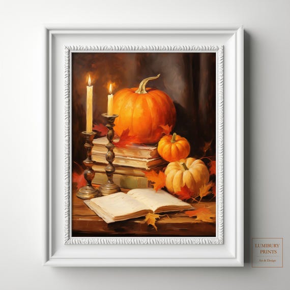 Halloween Pumpkin Decor Candle Wall Art Spooky Book Vintage Print Instant