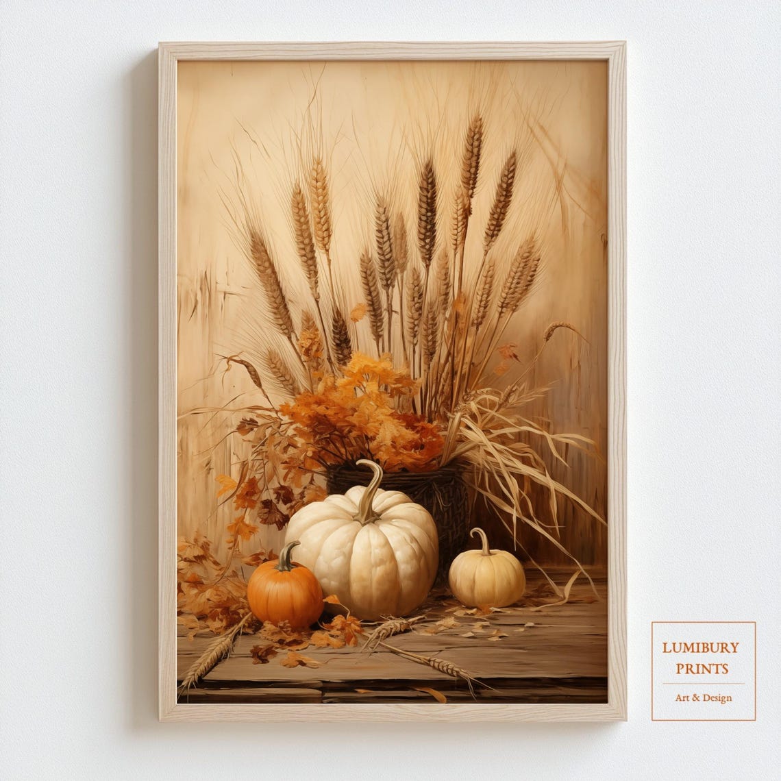 White Pumpkin Wheat Harvest Bouquet Rustic Farmhouse Fall Art Poster