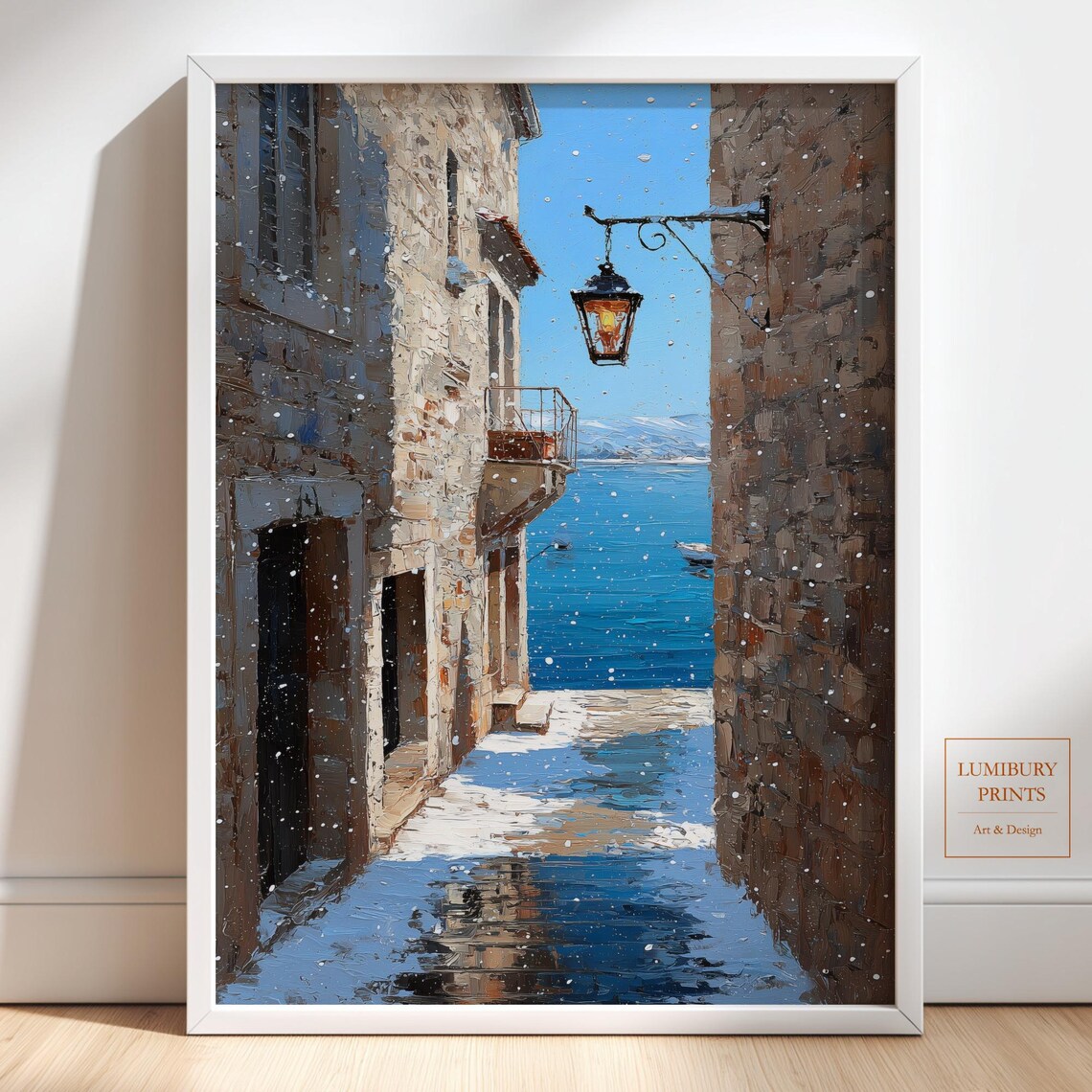 Snowy Stone Alley Oil Painting Winter Harbor Lantern Seascape Poster