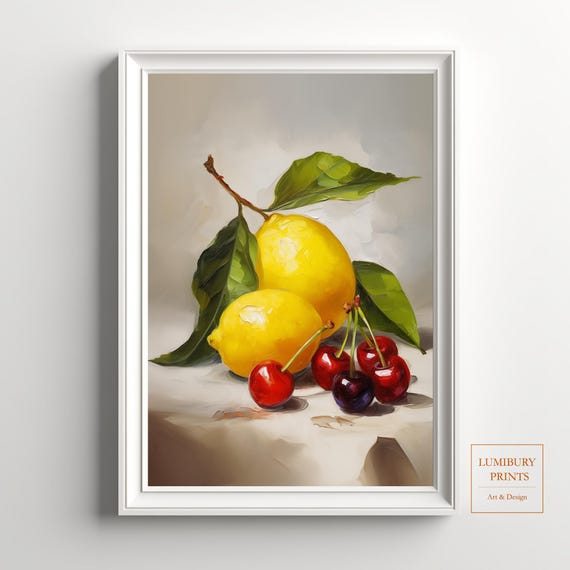 Cherry Wall Art Lemon Print Summer Fruit Botanical Rustic Kitchen Decor Vintage
