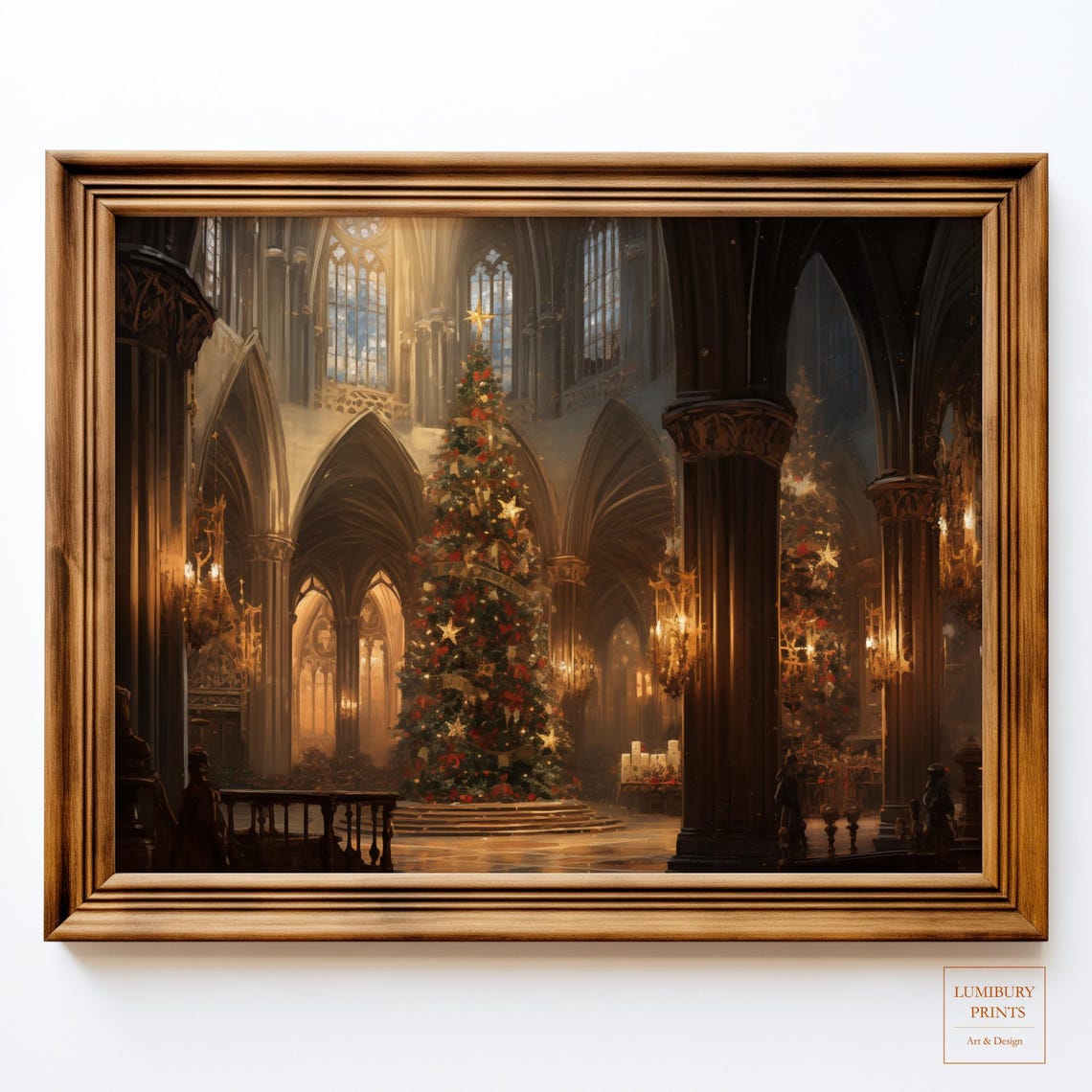 Gothic Cathedral Christmas Tree Columns Candlelight Vintage Poster