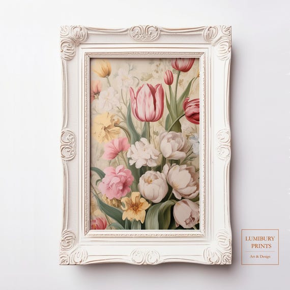 Vintage Tulip Print Wall Art Botanical Pastel Flower Decor Rustic Kitchen Cozy Cottage Spring Home