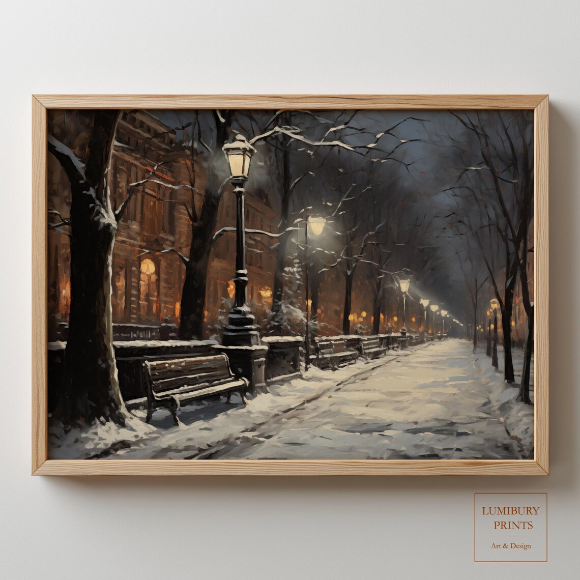Winter Night Boulevard Snowy Lampposts City Oil Painting Poster