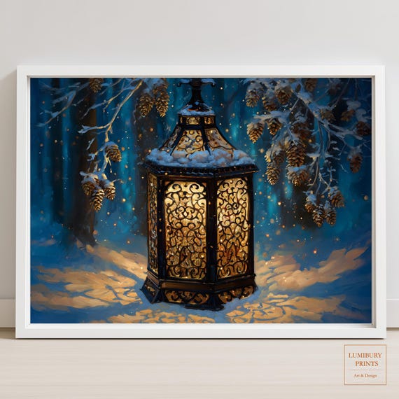 Winter Lantern Wall Art Snowy Forest Pinecone Print Golden Light Painting Instant