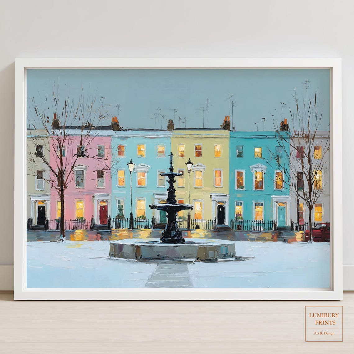Pastel Townhouses Snowy Winter Square Fountain Impressionist Wall Art