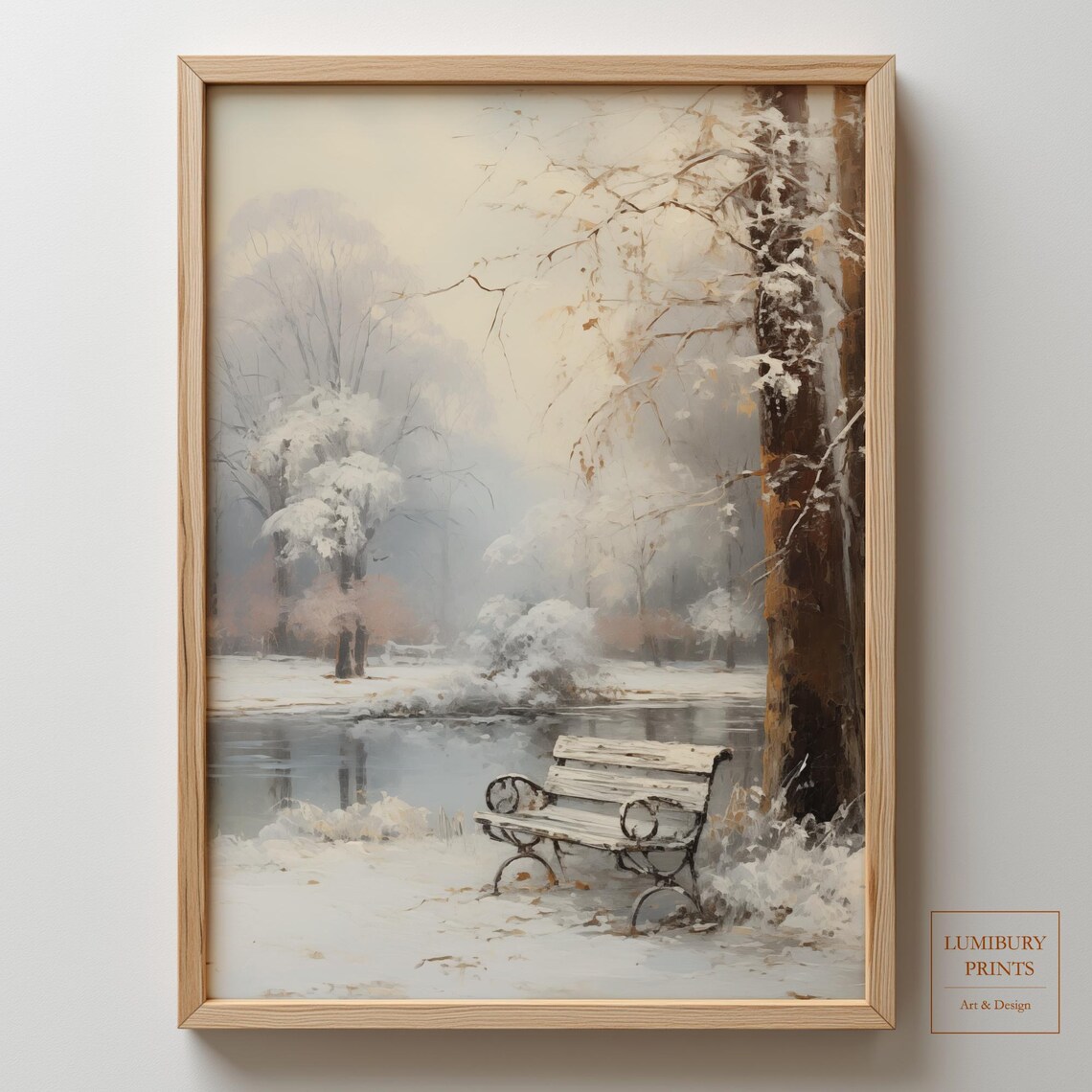 Snowy Park Bench Frozen Pond Quiet Winter Morning Painting Wall Art