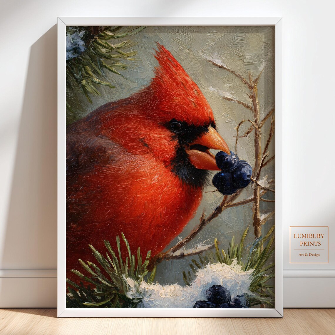 Red Cardinal Bird With Berries Winter Wildlife Oil Painting Poster
