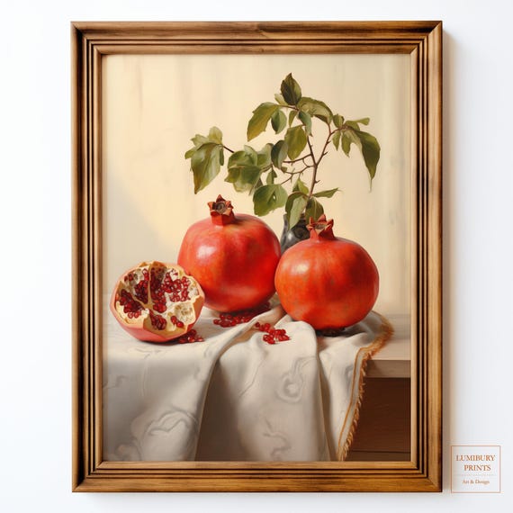 Pomegranate Painting Autumn Kitchen Decor Vintage Fruit Print Botanical Still Life Wall Art Rustic Poster Instant