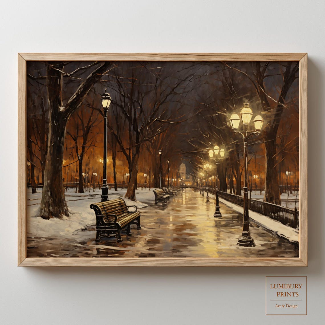 Winter Park Night Glowing Lampposts Snowy Path Oil Art Poster