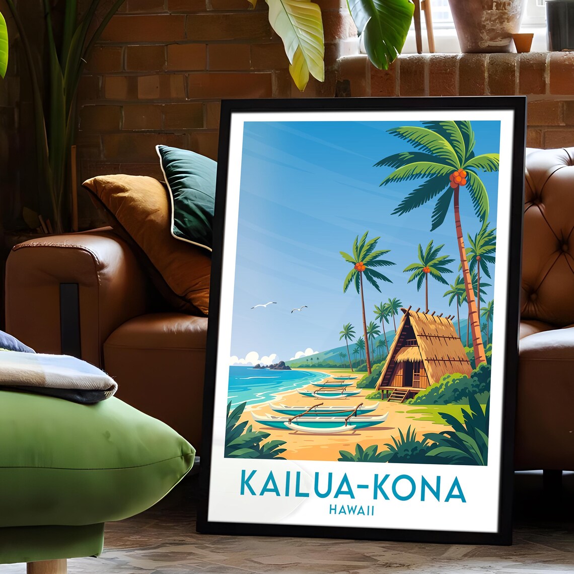 Kailua-Kona Hawaii Coconut Palms Outrigger Canoes Beach Hut Poster - Image 6