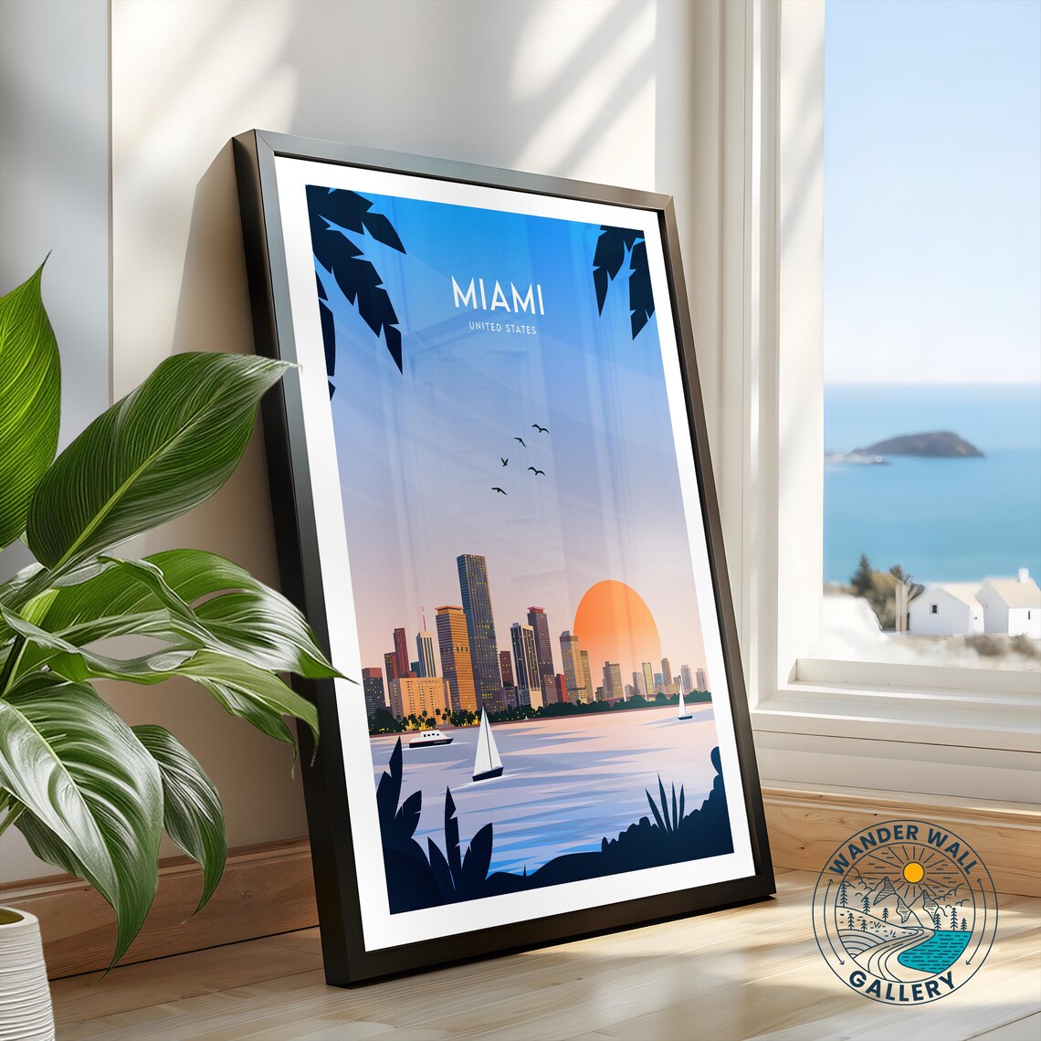 Miami Florida Sunset Skyline Palm Trees Sailboats Bay Travel Poster - Image 2