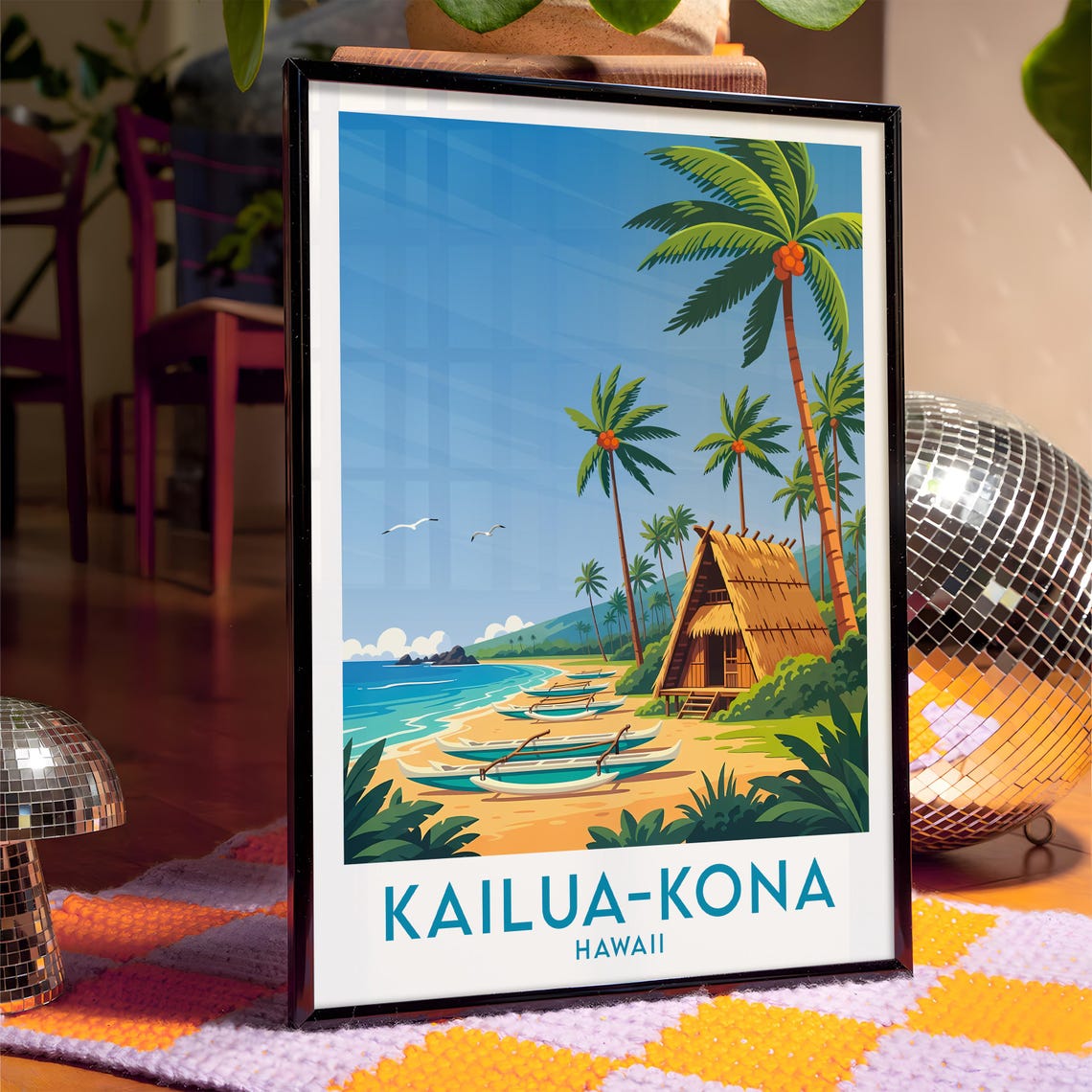 Kailua-Kona Hawaii Coconut Palms Outrigger Canoes Beach Hut Poster - Image 4