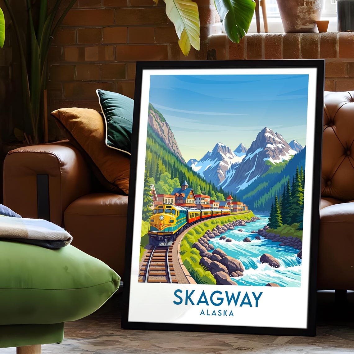 Skagway Alaska Diesel Train by River Waterfront Town Skyline Poster - Image 6