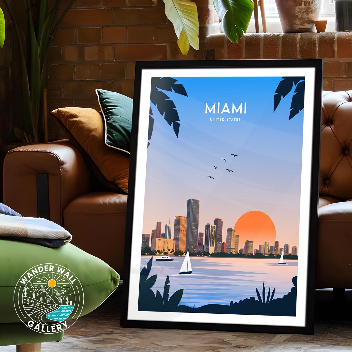 Miami Florida Sunset Skyline Palm Trees Sailboats Bay Travel Poster - Image 6