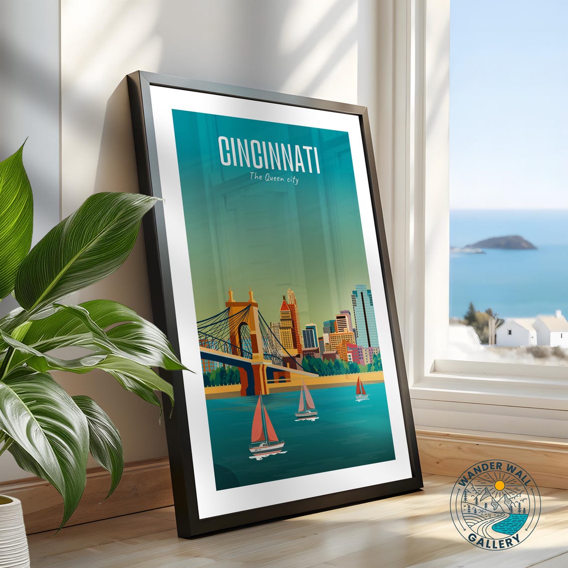 Cincinnati Ohio Queen City Roebling Bridge Retro Travel Poster - Image 2