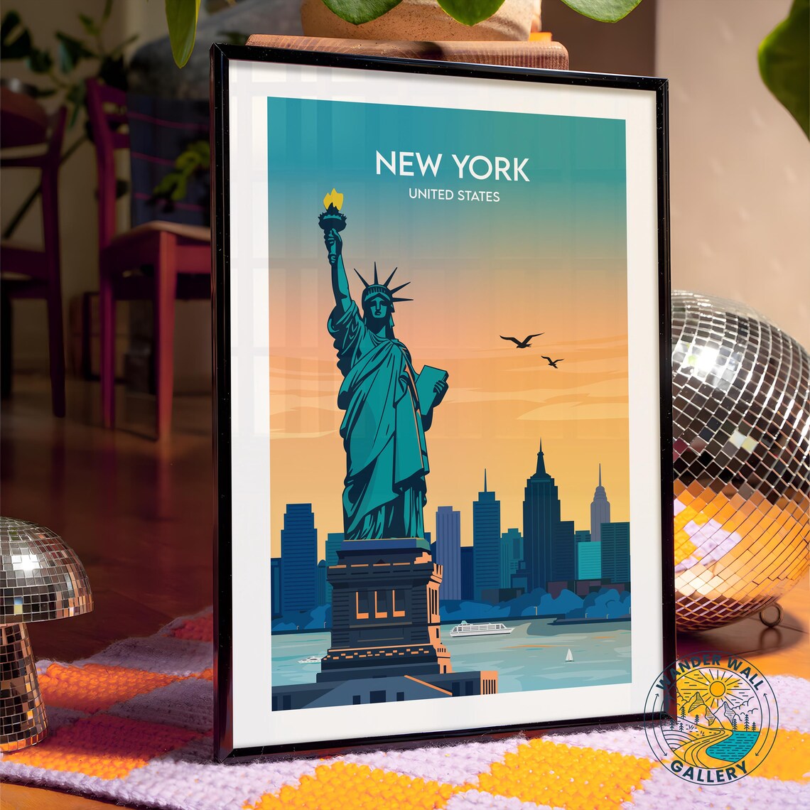 New York City Statue of Liberty Skyline Sunset Travel Poster - Image 4