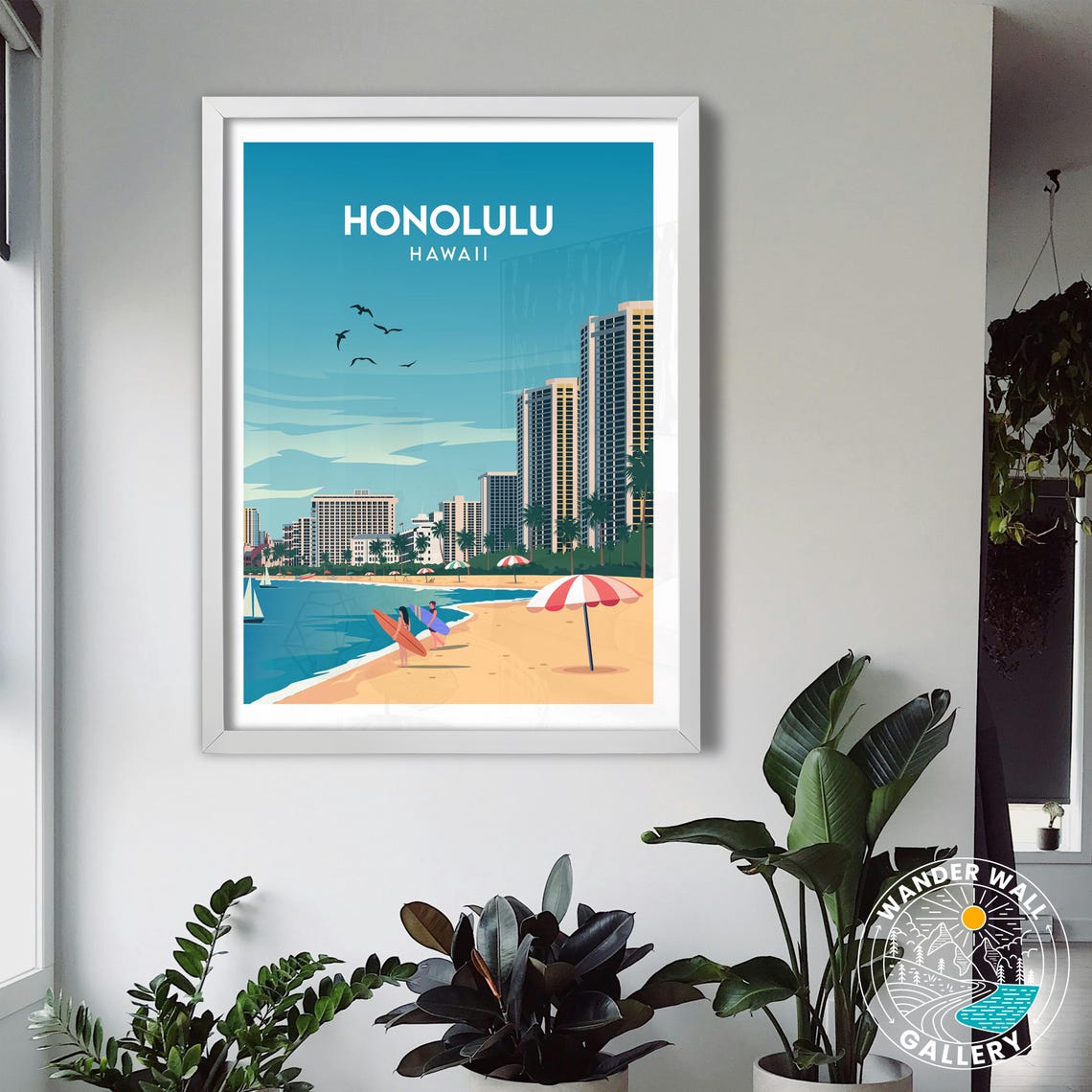 Honolulu Hawaii Waikiki Beach Surfers Tropical Sunset Poster - Image 3