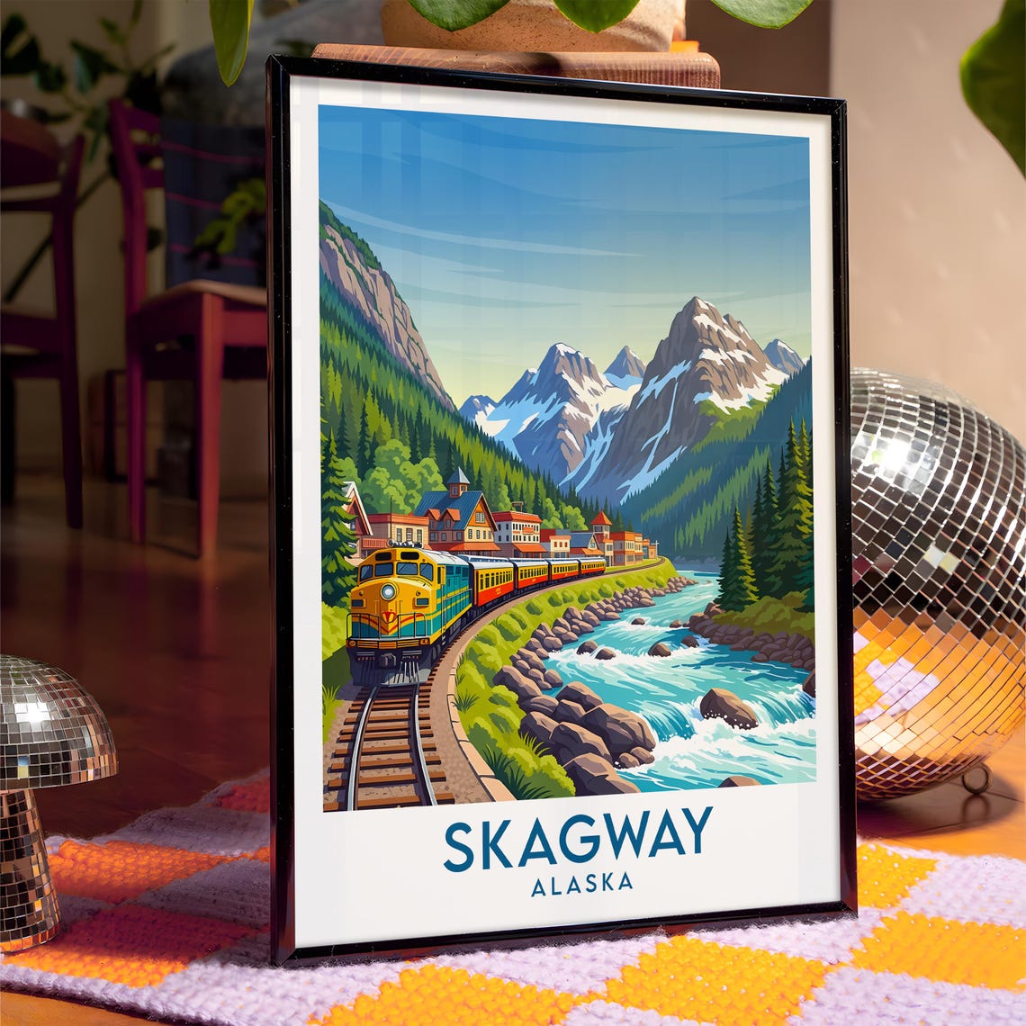 Skagway Alaska Diesel Train by River Waterfront Town Skyline Poster - Image 4