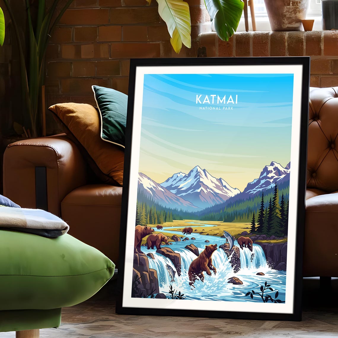 Katmai Alaska Brown Bears Catching Salmon Falls Wildlife Poster - Image 6