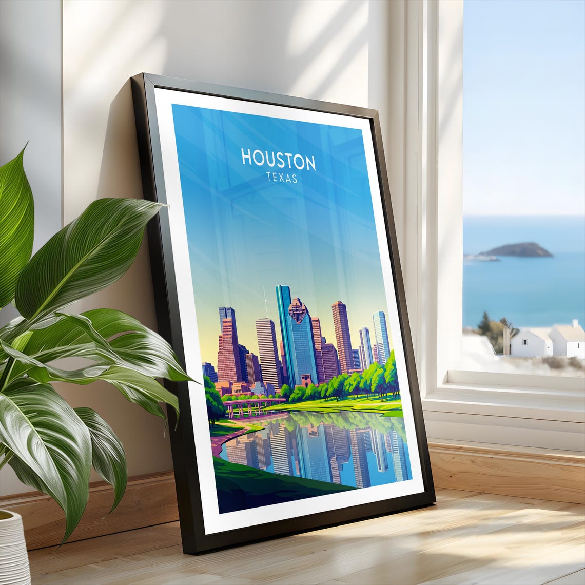 Houston Texas Downtown Skyline Buffalo Bayou Reflection City Poster - Image 2