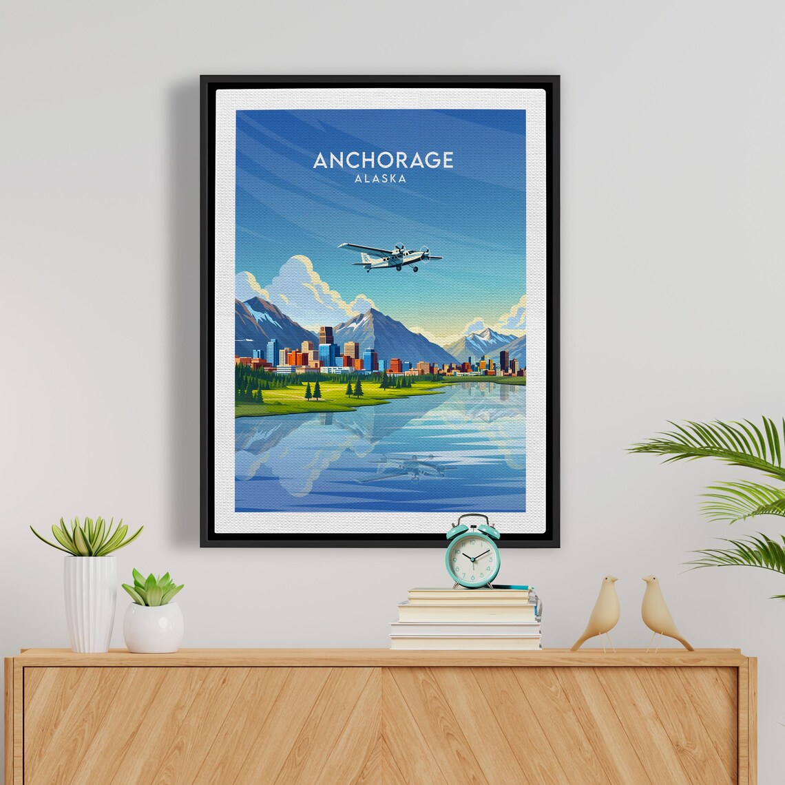 Anchorage Alaska City Skyline Seaplane Flying Over Lake Reflection Poster - Image 5