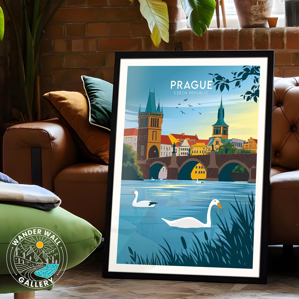 Prague Charles Bridge Swans Sunset Czech Republic Retro Travel Poster - Image 6