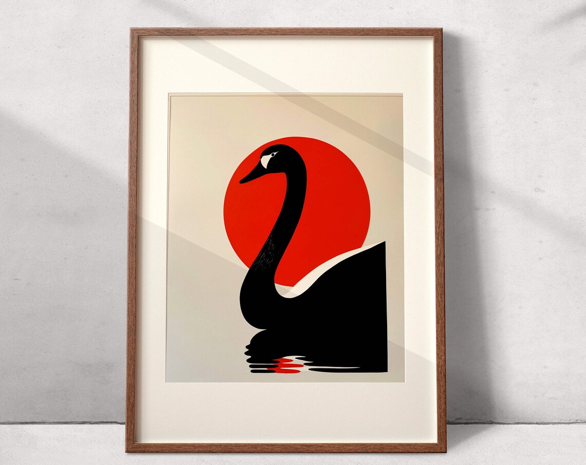 Minimalist Black Swan Silhouette Against Red Sun Deco Art Poster