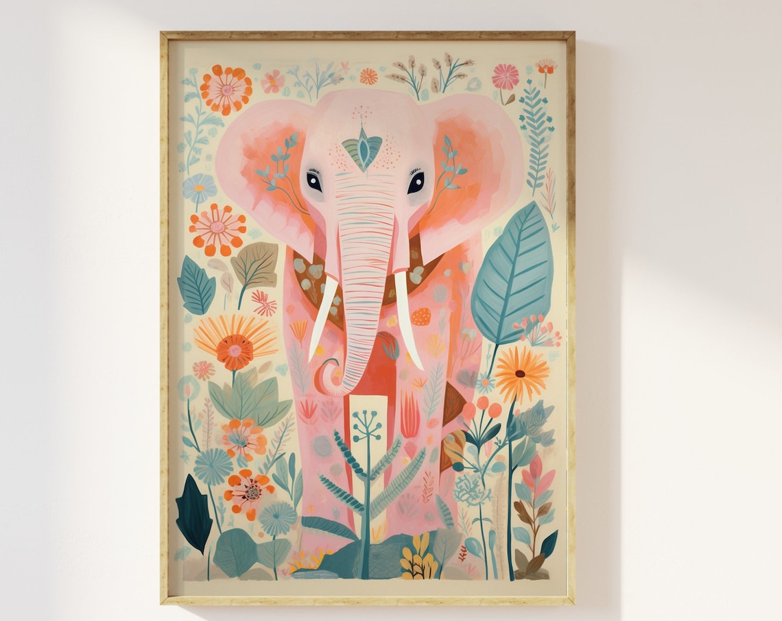 Elephant in Pastel Botanical Jungle Art Print