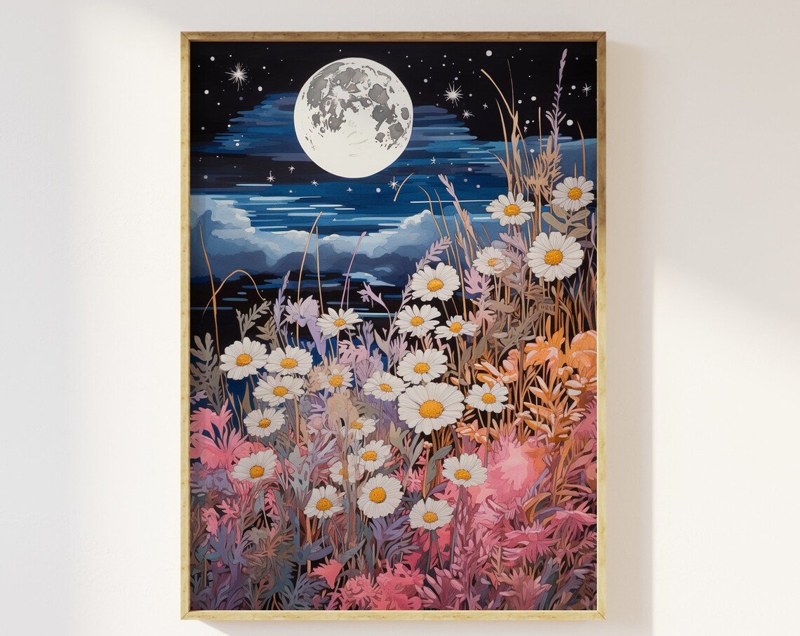 Moon And Pastel Flowers Vintage Block Print Art