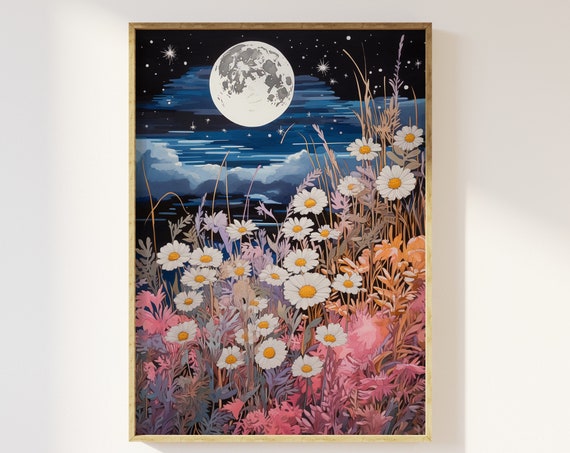 Moon And Pastel Flowers Vintage Block Print Art