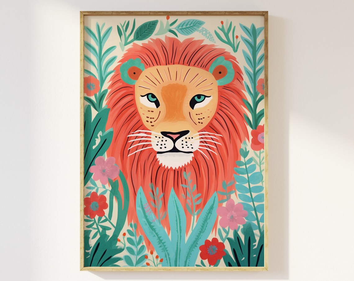 Lion Botanical Jungle Art Print, Pastel Abstract Kids Decor