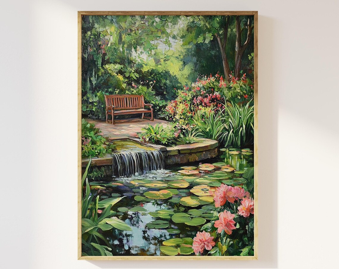 English Cottage Garden Pond Waterfall Bench Floral Art Poster