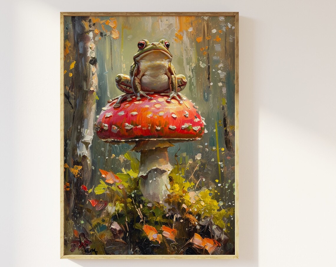 Frog Sitting on a Mushroom, Cottagecore Art Print