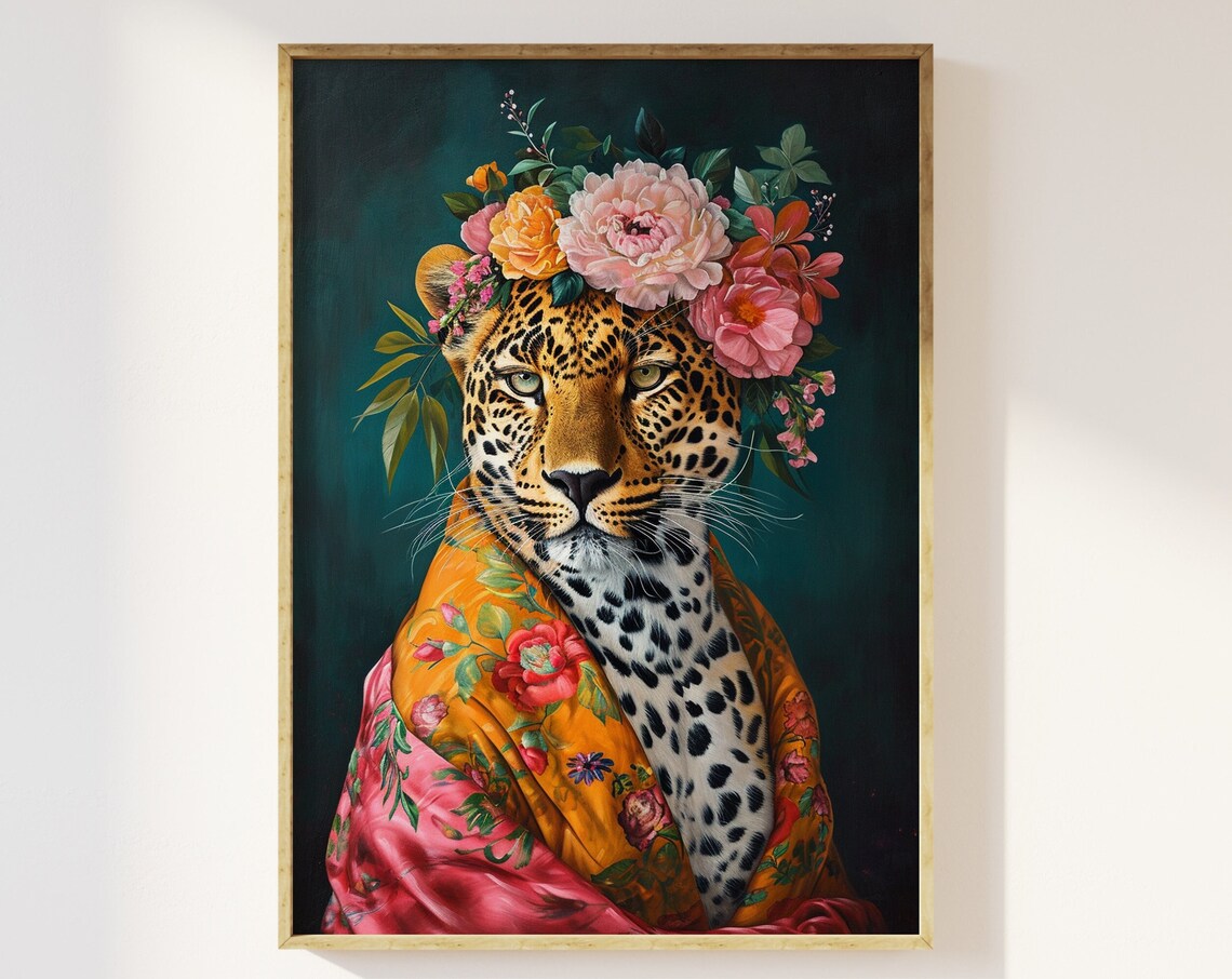 Maximalist Eclectic Leopard Art Print, Vintage Floral