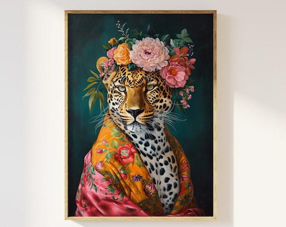 Maximalist Eclectic Leopard Art Print, Vintage Floral