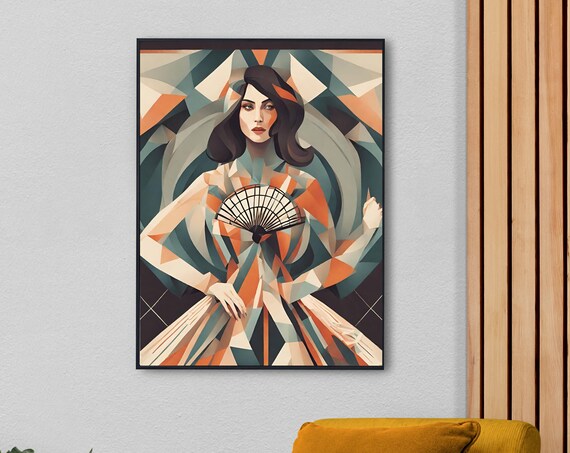 Art Deco Woman Portrait Geometric Cubist Fan 1920s Style Vintage Poster
