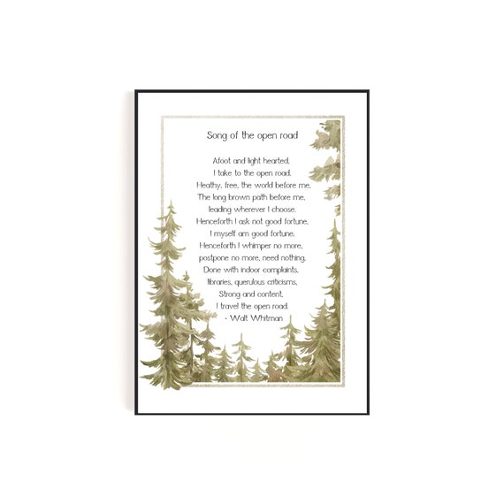 Song Of The Open Road Walt Whitman Quote With Watercolor Forest Border Wall Art