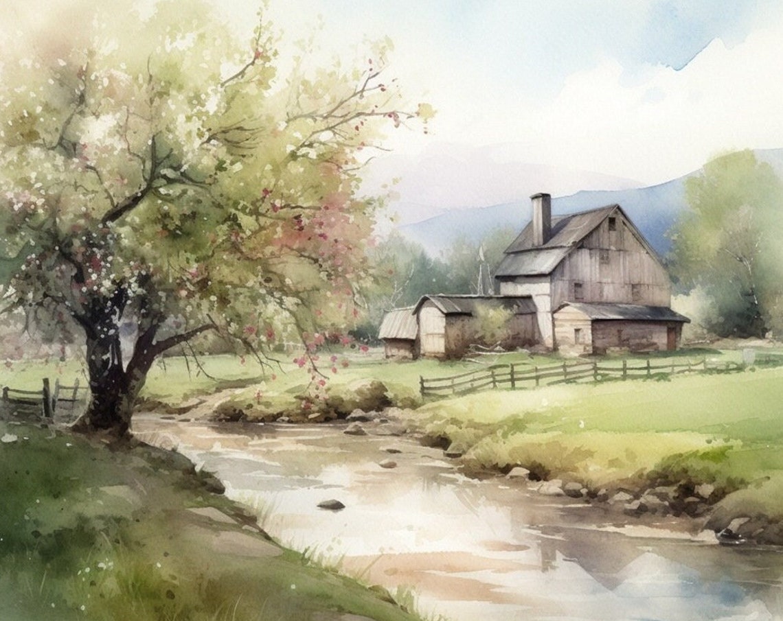 Old Barn With Blossoming Tree by a Spring Stream Watercolor Poster
