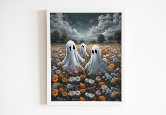 Cute Ghosts In A Wildflower Meadow Under Stormy Clouds Art Poster