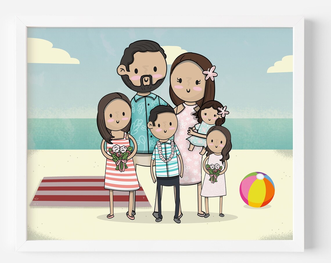 Personalized Cartoon Family of Six Portrait on a Beach Scene Poster
