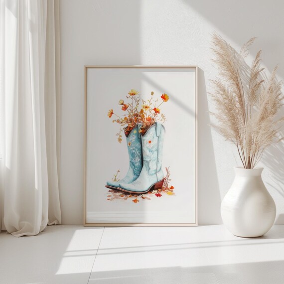 Blue Cowgirl Boots Wildflower Watercolor Western Wall Poster