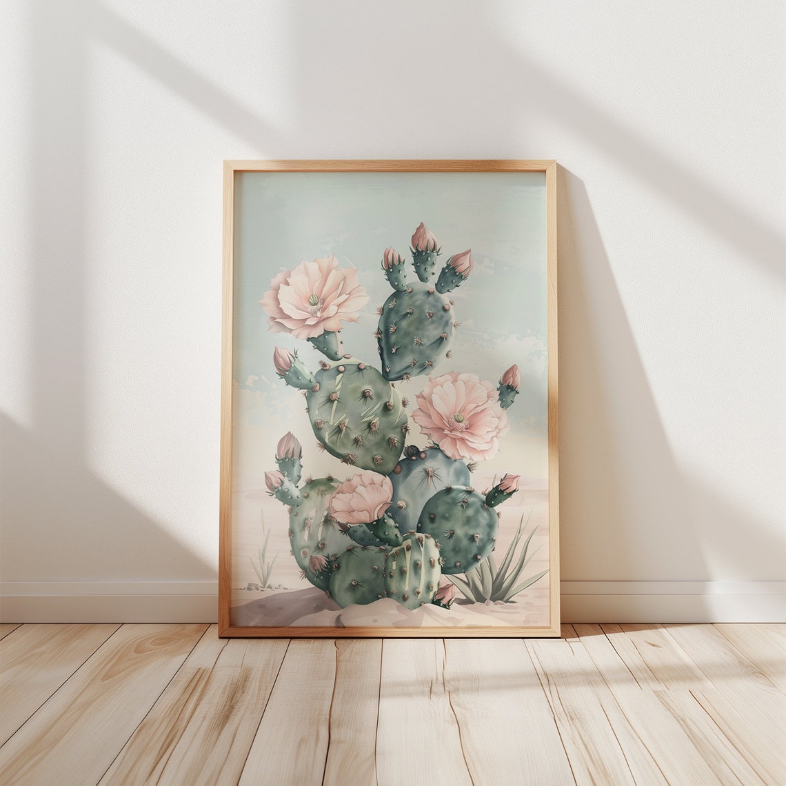 Blooming Pink Prickly Pear Cactus Watercolor Desert Floral Poster