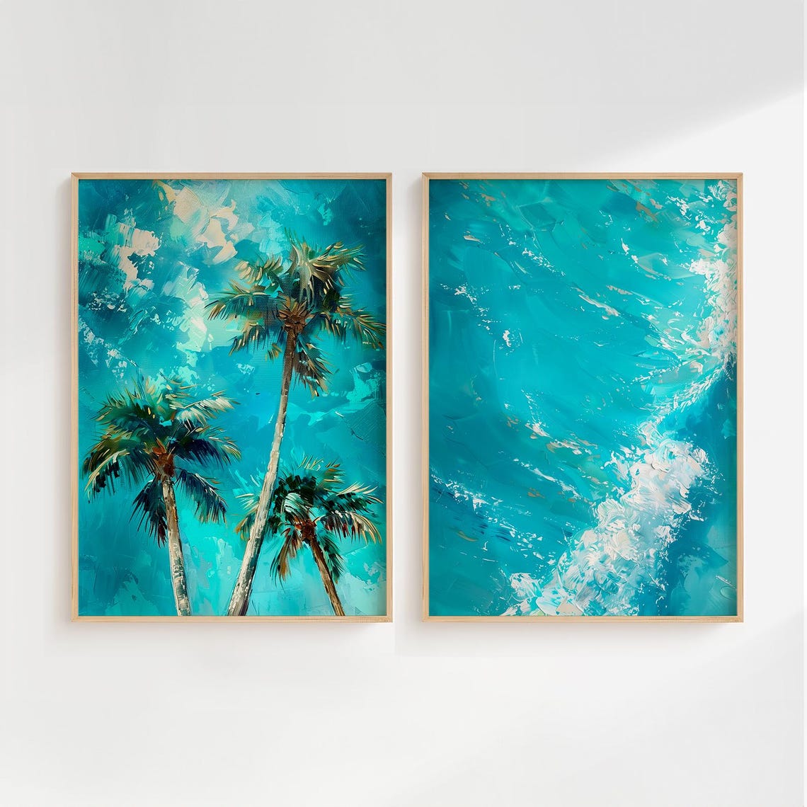 Set Of 2 Turquoise Palm Trees And Ocean Waves Coastal Art Poster