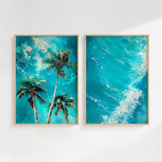 Set Of 2 Turquoise Palm Trees And Ocean Waves Coastal Art Poster