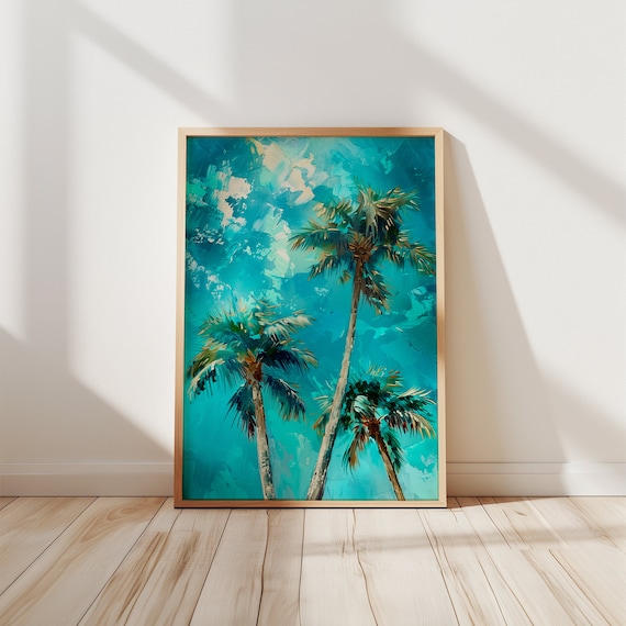 Turquoise Palm Trees Against Ocean Blue Oil Painting Poster Art
