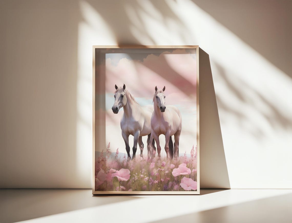 Two White Horses in Pink Wildflower Meadow Pastel Art Poster