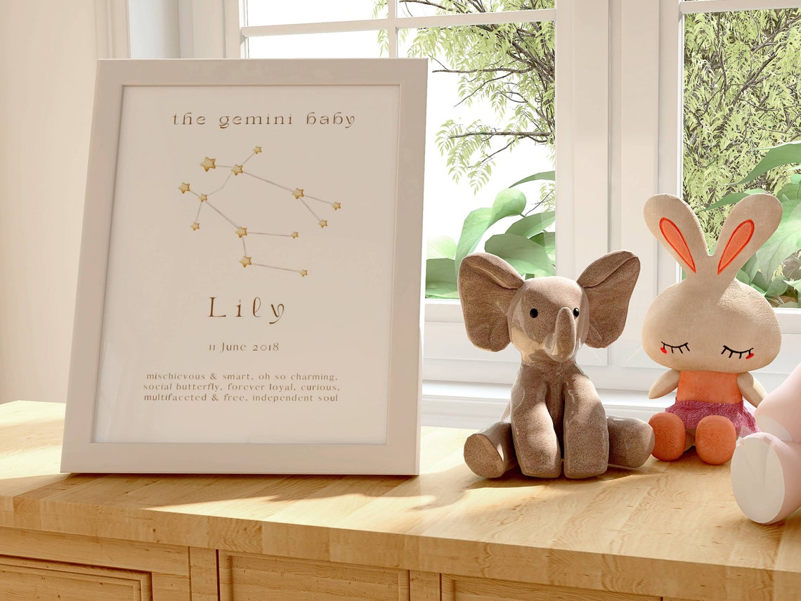 Personalized Gemini Baby Zodiac Constellation Name Nursery Art Print - Image 2