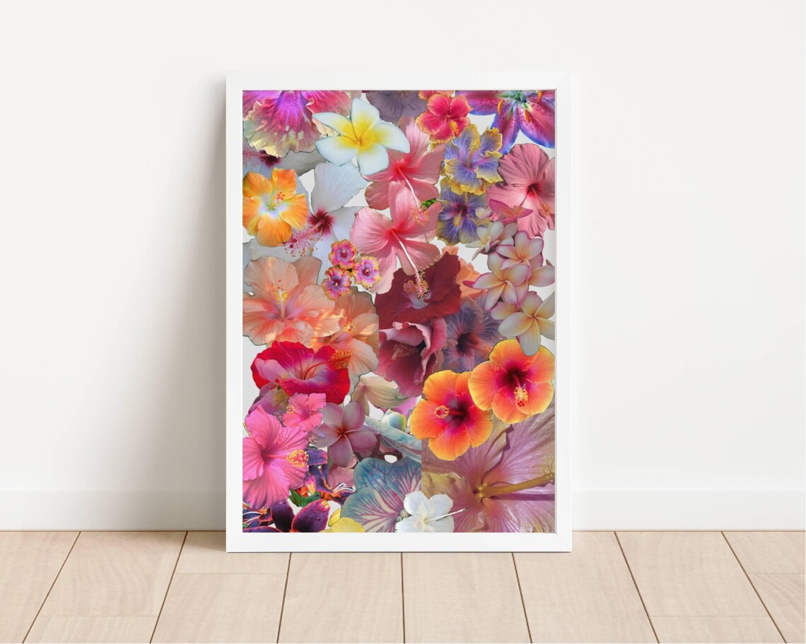 Tropical Flower Collage Maximalist Colorful Hibiscus Plumeria Print - Image 2