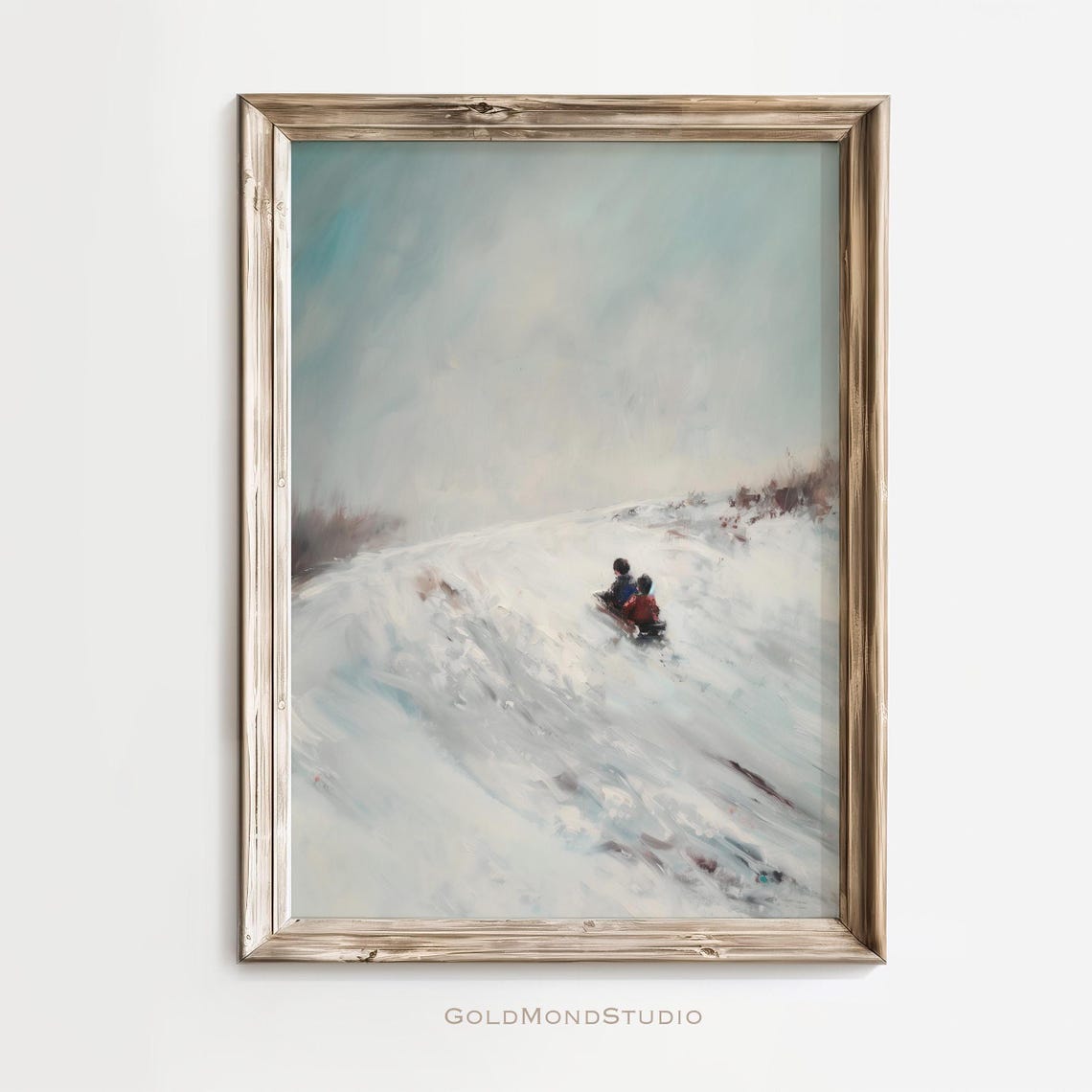 Joyful Two Children Sledding Down Snowy Hill Painting Poster