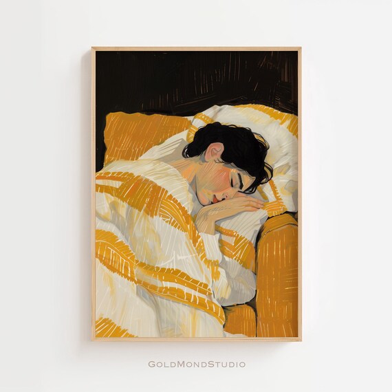 Sleeping Woman Wrapped in a Golden Yellow Blanket on a Sofa Poster